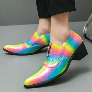Модные красочные мужские туфли на высоком каблуке, Размер 38-46, кожаные модельные туфли с острым носком, мужские туфли для выпускного вечера на квадратном каблуке, Zapatos De Vestir Hombre