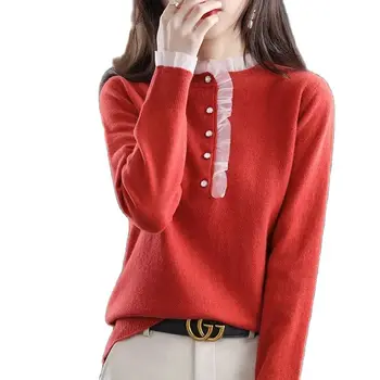 Модный вязаный свитер с круглым вырезом, пуловер, женский новый осенне-зимний повседневный женский свитер, куртка с кружевным краем, нижняя рубашка