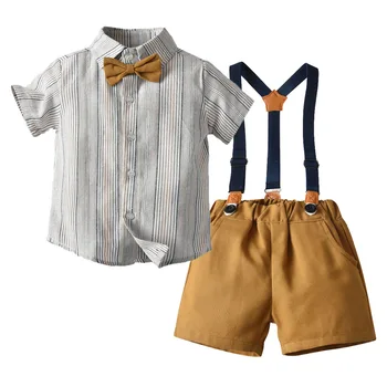 Модный комплект одежды для мальчиков в джентльменскую полоску, рубашка с длинным рукавом и бабочкой + брюки на подтяжках, Детский официальный костюм для мальчиков