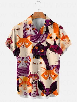 Мужская И Женская повседневная Гавайская рубашка с Милым котом на Хэллоуин с коротким рукавом и 3D принтом