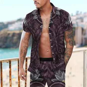 Мужская Пляжная одежда с винтажным 3D принтом Flora, быстросохнущий комплект из рубашки и шорт Aloha, Модная повседневная одежда с принтом, лето