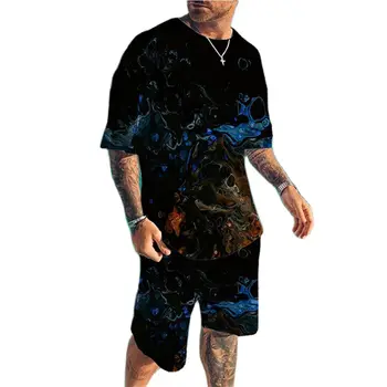 Мужская Повседневная футболка с 3D графическим Принтом и коротким рукавом с Круглым вырезом, Пляжные Шорты, Комплект из 2 предметов, Мужские Летние Спортивные Модные Тренировочные комплекты