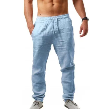 Мужские летние хип-хоп дышащие хлопчатобумажные льняные спортивные брюки трендовые модные однотонные простые тонкие льняные повседневные брюки мужские
