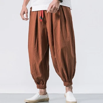 Мужские хлопчатобумажные льняные брюки, однотонные свободные длинные брюки с эластичной резинкой на талии, мужские хип-хоп дышащие повседневные брюки Pantalones