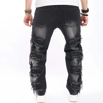 Мужские черные джинсы с набивкой, приталенные рваные джинсы, уничтоженные прямые джинсовые брюки, Harajuku, хип-хоп, уличная одежда