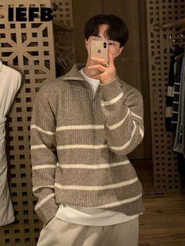 Мужской свитер, осенний корейский модный универсальный пуловер в полоску на молнии, вязаный с отложным воротником, Мужской пуловер Повседневный 9A5788