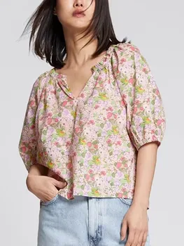 Новая женская рубашка с коротким пышным рукавом и цветочным принтом, летняя модная женская плиссированная Свободная милая блузка с V-образным вырезом