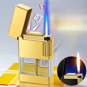 Новая Металлическая Зажигалка с двойным Противопожарным Прозрачным Газовым Складом Прямого Пробивания для Преобразования Открытого Огня