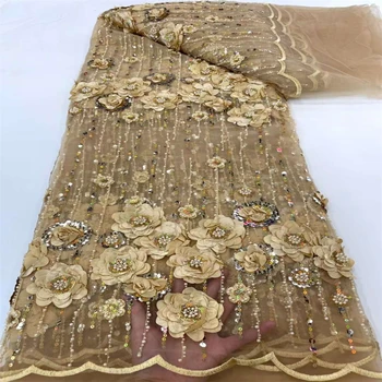 Новая сетчатая кружевная ткань с вышивкой блестками, 3D-лист, трехмерный цветочный тюль, модная ткань для свадебного платья