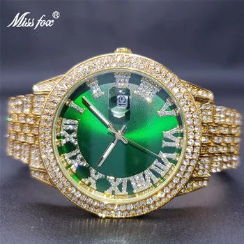 Новые Большие женские часы Geneva Oversize Bling Moissanite Японский механизм Водонепроницаемый Зеленый Reloj de Colores Mujer