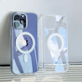 Оригинальный магнитный прозрачный чехол для телефона iPhone 13 14 12 Pro Max Magsafe с беспроводной зарядкой, Прозрачная крышка Funda