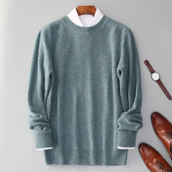 Осенне-Зимняя новая Мужская одежда из 100% чистой шерсти, Морозостойкая Одежда, круглый вырез, однотонный Пуловер, Модный свитер