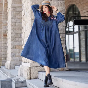 Осенняя новая джинсовая юбка ручной работы с пряжкой, плиссированное платье с вышивкой