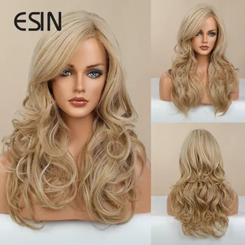 Парик ESIN из синтетических волос Золотисто-блондинистый, Длинные Волнистые Парики для женщин, Парики с челкой, термостойкое волокно, вечерние, ежедневное использование