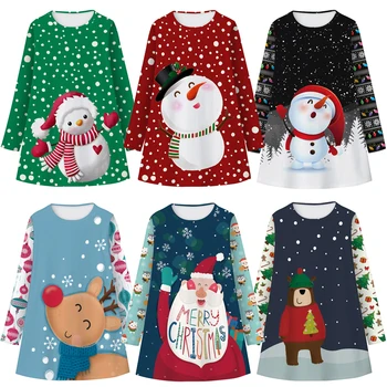 Платье для девочек в Рождественском стиле от 6 до 12 лет, длинный рукав, Мультяшный Снеговик, Олень, Санта-Клаус, Платья для детей, подарок детям на День рождения