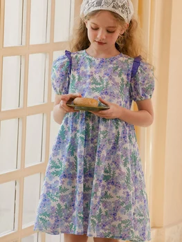 Платье для девочек-подростков с цветочным рисунком, Лето 2023, Новая детская хлопчатобумажная одежда в корейском стиле, фиолетовое детское платье Принцессы с милым принтом
