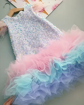 Платье с перьями для маленьких девочек, летнее платье для конкурса красоты на свадьбу, детское платье принцессы, Пушистое радужное платье без рукавов для девочек
