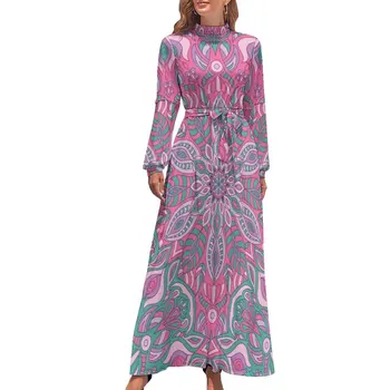 Платье с принтом в стиле Ретро в богемном стиле, Розовая Мандала, сексуальное графическое Макси-платье с высокой талией и длинным рукавом, уличный Стиль, Пляжные длинные платья