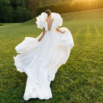 Пляжные свадебные платья Toofgon для невесты с глубоким V-образным вырезом и многоуровневыми рукавами-колпачками, Свадебные платья с разрезами на пуговицах, Платья для свадебной вечеринки, официальная одежда