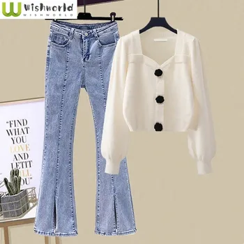 Популярный корейский весенний новый милый вязаный свитер, кардиган, Широкие джинсы, Элегантные женские брюки из двух предметов, комплект одежды