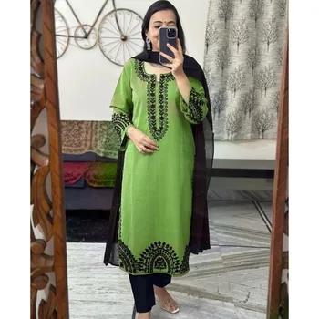 Праздничная одежда Salwar Kameez женские индийские Курти ручной работы Palazzo Dupatta Классический зеленый Черный