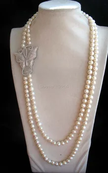 пресноводный жемчуг 2 ряда, белый, почти круглый, 8-9 мм, и ожерелье с застежкой-бабочкой, мода FPPJ 24-26 дюймов