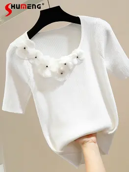 Приталенный пуловер с милыми цветами, круглый вырез, трикотажная футболка с коротким рукавом, женская приталенная футболка в западном стиле, черно-белые футболки, топ