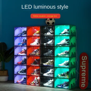 Прозрачная коробка для обуви со светодиодной подсветкой с голосовым управлением, открытая сбоку, Пылезащитная Коробка для хранения баскетбольной обуви, Магнитная коробка для хранения