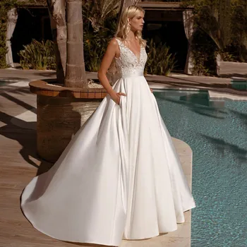 Простое свадебное платье с карманом, V-образным вырезом, без рукавов, открытой спиной, Кружевным шлейфом, Свадебное платье Vestido De Novia, сшитое на заказ
