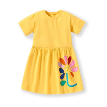 Прыжковые метры Новое поступление, платья с цветочной аппликацией для девочек, Хит продаж, Детская одежда, Хлопковый детский костюм, платья для малышей