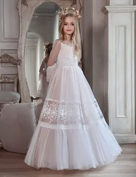 Пышные платья трапециевидной формы с цветочным узором для девочек на свадьбу, тюлевое платье Принцессы в горошек для гостей на свадьбу, детское платье для первого причастия