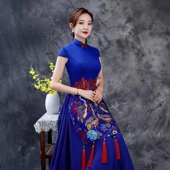 Ретро вышивка, Атласная аппликация с кисточками, Aodai Qipao, Сексуальное Китайское женское платье-Чонсам Трапециевидной формы с коротким рукавом