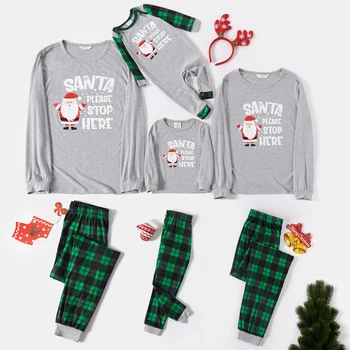 Рождественские пижамы PatPat с Санта-Клаусом и буквенным принтом, облегающие серые семейные комплекты в клетку с длинными рукавами