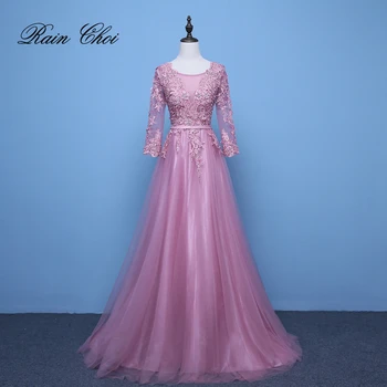 Розовые вечерние платья с рукавами 3/4 и аппликацией, вечерние платья трапециевидной формы, длинное платье для выпускного вечера, праздничное платье