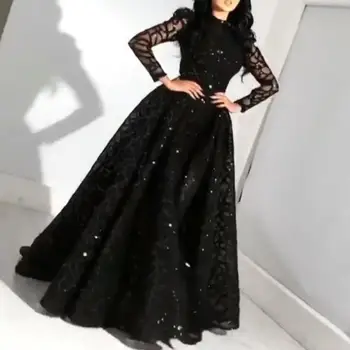 Роскошное Женское Черное платье для выпускного вечера с блестками, Элегантные Коктейльные платья с пышными длинными рукавами, Модные вечерние платья в пол в Арабском Дубае