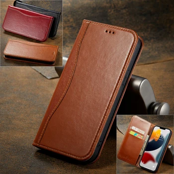 Роскошный Чехол-бумажник из натуральной кожи с откидной крышкой для телефона iPhone 15 14 Plus 13 12 Mini 11 Pro XR XS Max, магнитный однотонный чехол для телефона