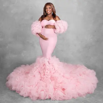 Русалка Розовый Халат Платье для беременных для Душа ребенка с пышными рукавами и оборками для фотосессии Vestiti Sposa Платья для беременных Женщин
