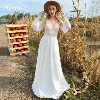 Свадебное платье в стиле Бохо с длинными Пышными рукавами, Белое Кружевное Шифоновое Свадебное платье с открытой спиной, Шлейф Vestidos De Novia