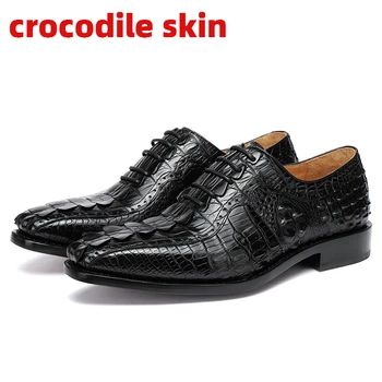 Свадебные модельные туфли ручной работы из натуральной кожи крокодиловой кожи Goodyear, Мужская официальная обувь, Деловые повседневные туфли-дерби на кожаной подошве