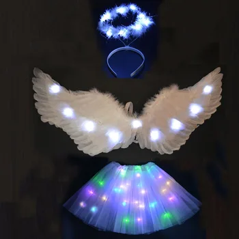 Светящийся костюм Ангела с крыльями из перьев, повязка на голову, Светящаяся пачка, светодиодная юбка, подарок на День рождения, Свадебное украшение, Фестиваль, Рождество