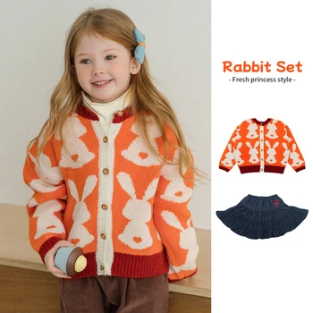 Свитер для девочек 2023, Осенний кардиган с мультяшным кроликом, Куртка для девочек, Хлопковый Модный Теплый свитер для девочек на бретелях, Детская одежда