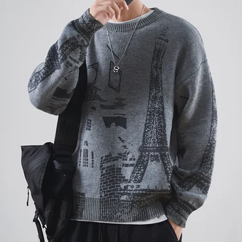 Свитер с принтом, Мужской вязаный повседневный свитер Harajuku, свитер Оверсайз, Модные Свободные корейские осенне-зимние пуловеры, мужская одежда 5XL
