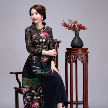 Сексуальная женская кружевная рубашка и юбка в стиле пэчворк с цветочным принтом, униформа, тонкая Одежда высокого качества 6xl, 2 предмета, одежда в китайском этническом стиле