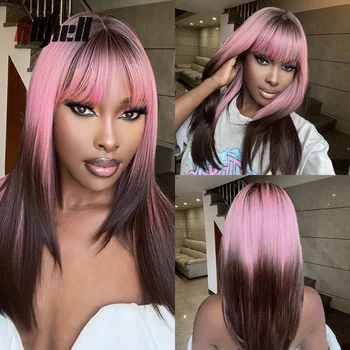 Синтетический прямой парик Омбре Розово-коричневого цвета, многослойные парики для косплея для чернокожих женщин, натуральные волосы с челкой из термостойкого волокна