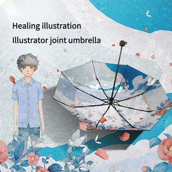 Складной зонт Солнцезащитный зонтик Иллюстрация Пользовательский складной зонт двойного назначения Женский зонтик Пляжные зонты Зонтик