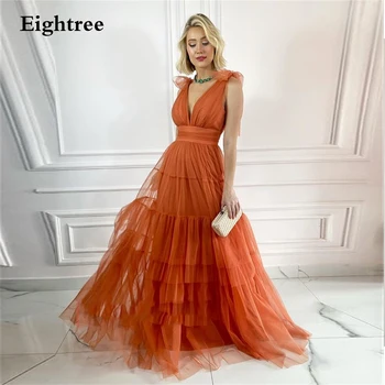 Темно-Оранжевое Длинное Выпускное платье из тюля-Спагетти с V-образным вырезом, Трапециевидной формы, длиной до пола, Бальные платья для выпускного Вечера, вечерние платья