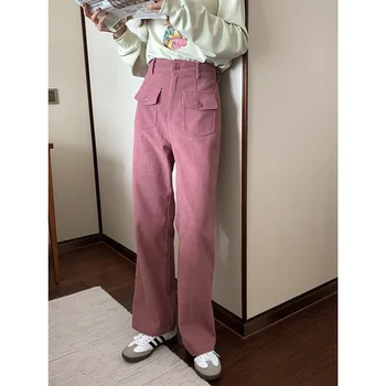 Тонкие прямые брюки с высокой талией, женские розовые вельветовые повседневные брюки для женщин, осенне-зимние модные корейские брюки на пуговицах и молнии