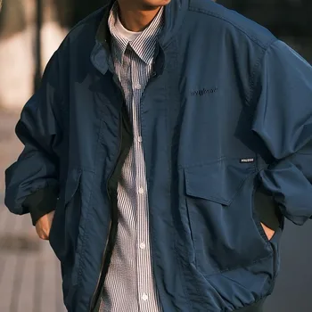 Универсальная Весенне-летняя модная Мужская однотонная повседневная рубашка Со свободными карманами, куртка в стиле сафари, пальто для крутых мальчиков нежно-синего цвета