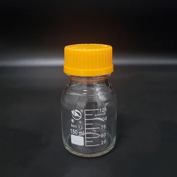 Флакон с реактивом, С желтой завинчивающейся крышкой, боросиликатное стекло 3,3, вместимость 150 мл, флаконы с выпускными образцами, пластиковая крышка