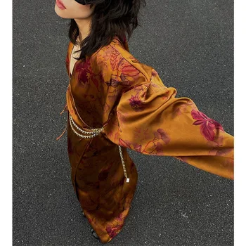 Французская ацетатная юбка Макси, Осенне-зимняя новинка, китайский стиль, облегающее платье с V-образным вырезом, цельнокроеное платье с длинным рукавом для женщин